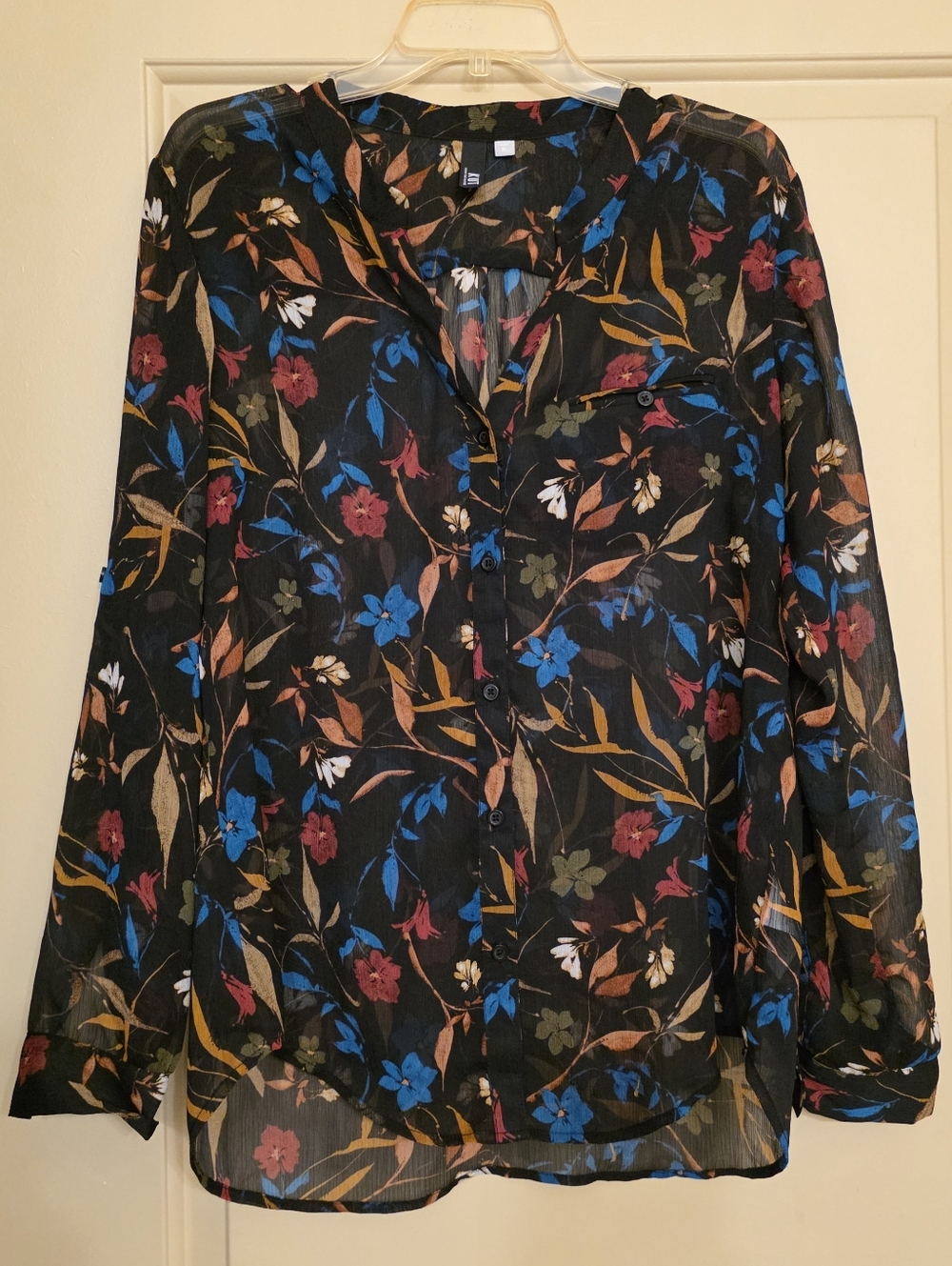 Kut From The Kloth Sheer Floral Button Up Long sleeve Assymetric Shirt Women XL